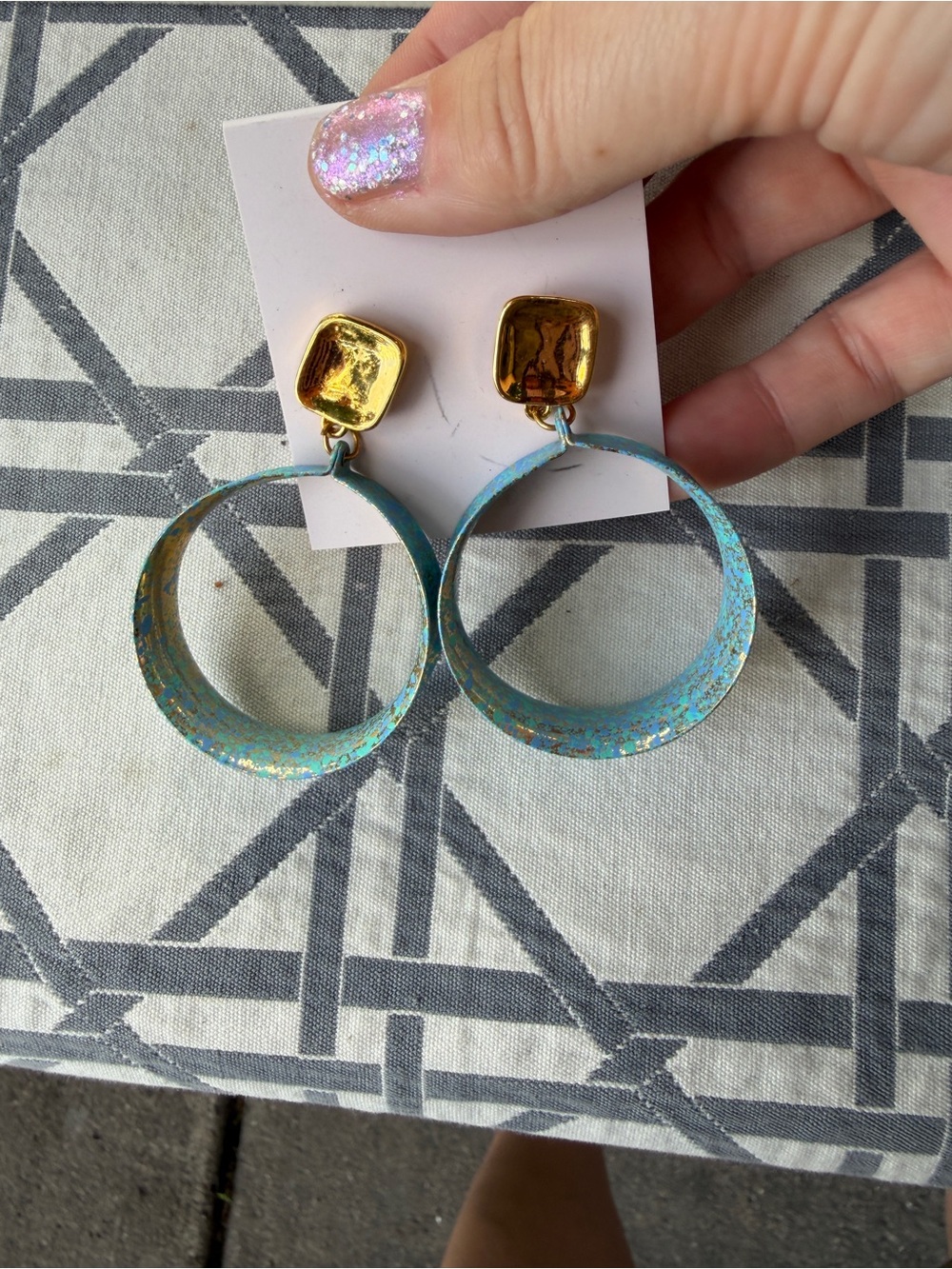 Avon Gold and Turquoise Patina Hoop Drop Earrings - Women Jewelry